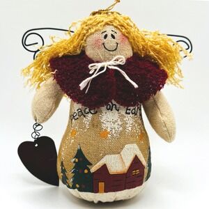 Primitive Peace on Earth Angel Burlap Christmas Ornament Rustic Folk Art Wings